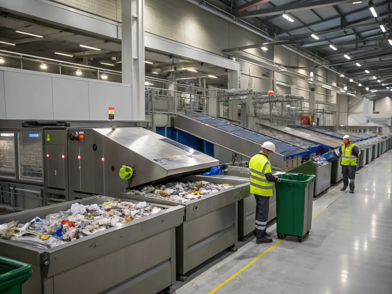 An image depicting the recycling process, with bales of recycled paper being processed and turned into new pulp in a clean and organized recycling plant.