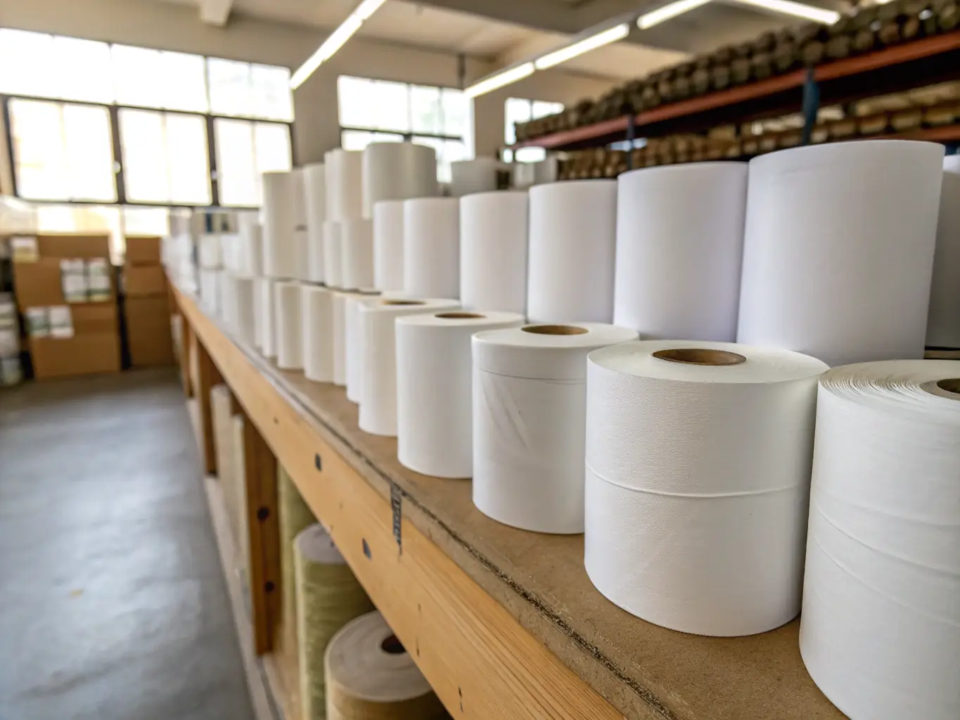 An image showing rolls of unbleached softwood pulp stacked neatly, highlighting its natural brown color and fibrous texture, used to represent the product offering on TrueNorth Tradelinks Ltd's website.