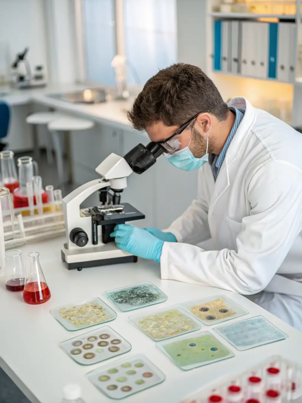 A photo of a senior pulp and paper quality control expert inspecting a sample of bleached hardwood pulp under laboratory conditions, ensuring it meets TrueNorth Tradelinks Ltd's high standards.