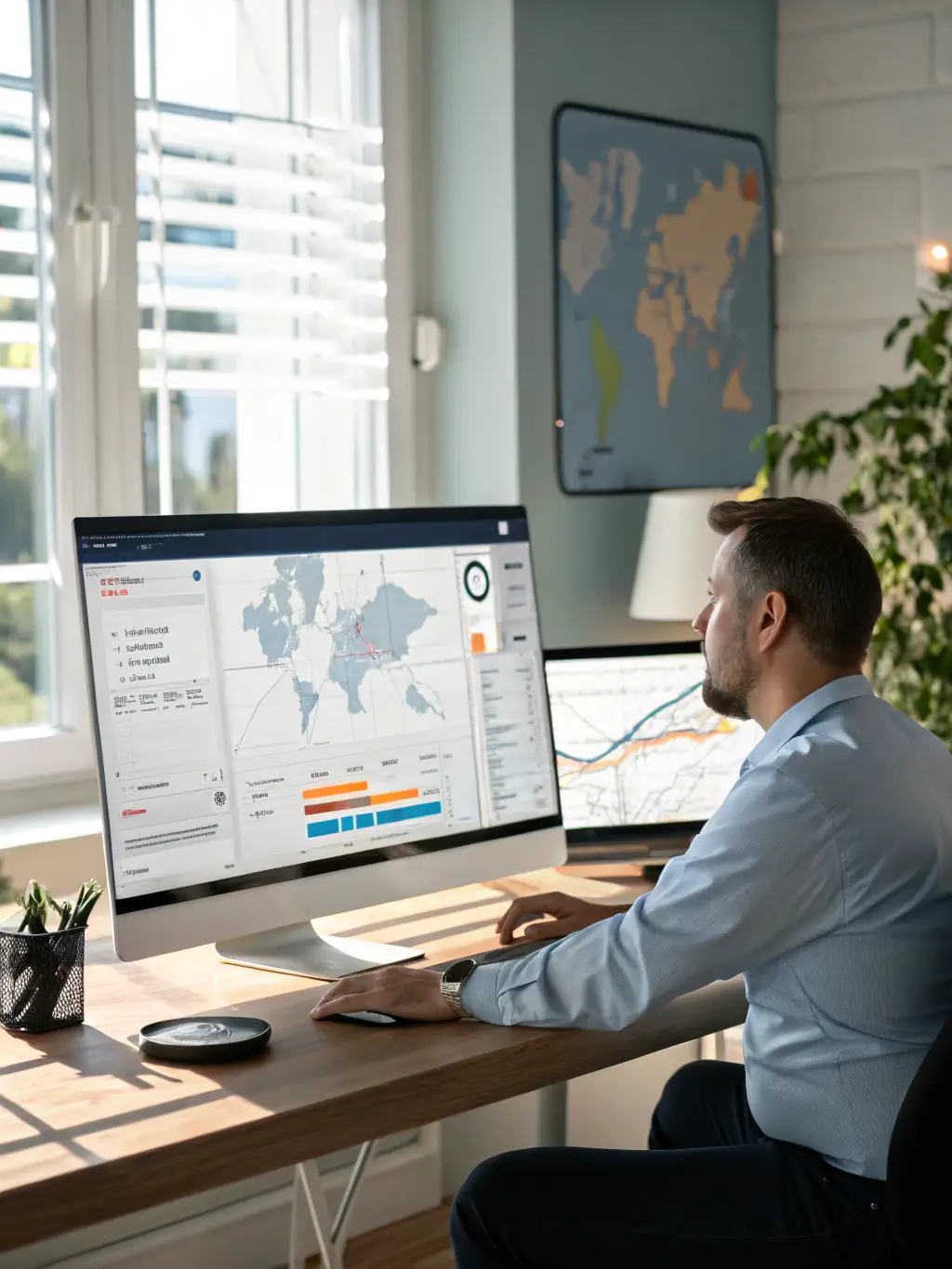 A photo of a TrueNorth Tradelinks Ltd's supply chain manager reviewing logistics and shipping documents, ensuring timely and efficient delivery of pulp and paper products to global markets.